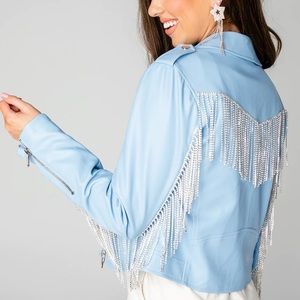 Buddy Love 💗 RIFE CRYSTAL FRINGE VEGAN LEATHER JACKET - BABY BLUE. NWT